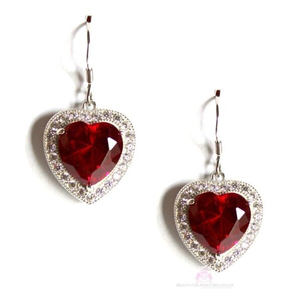 Love Prophet's Heart Ruby Red Cz 925 Sterling Silver Dangle Statement Earrings - Picture 1 of 3